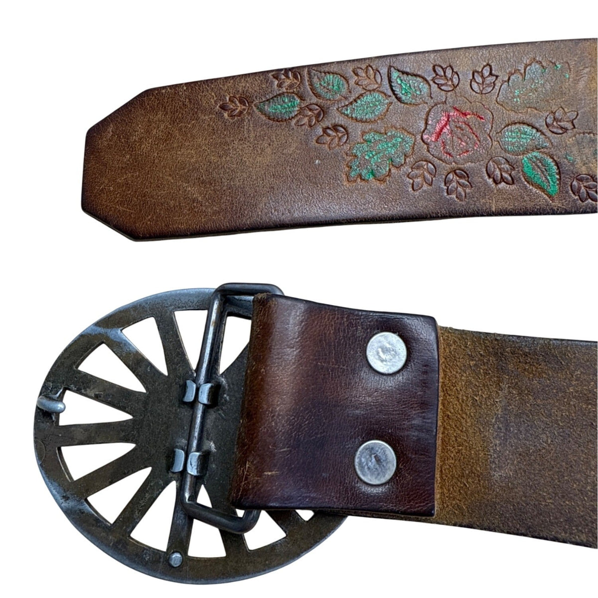 Vintage Embossed Brown Leather Belt With Wagon Wheel Metal Buckle Floral Design