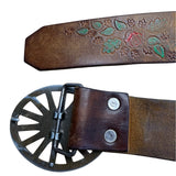 Vintage Embossed Brown Leather Belt With Wagon Wheel Metal Buckle Floral Design