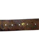 Vintage Embossed Brown Leather Belt With Wagon Wheel Metal Buckle Floral Design