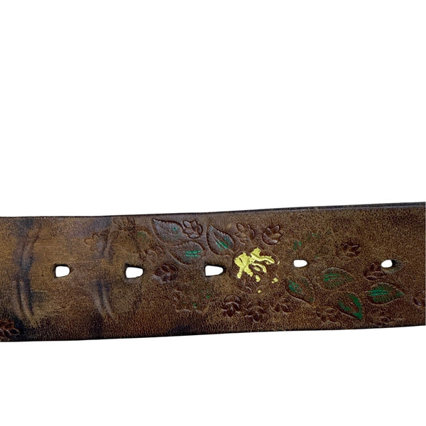 Vintage Embossed Brown Leather Belt With Wagon Wheel Metal Buckle Floral Design