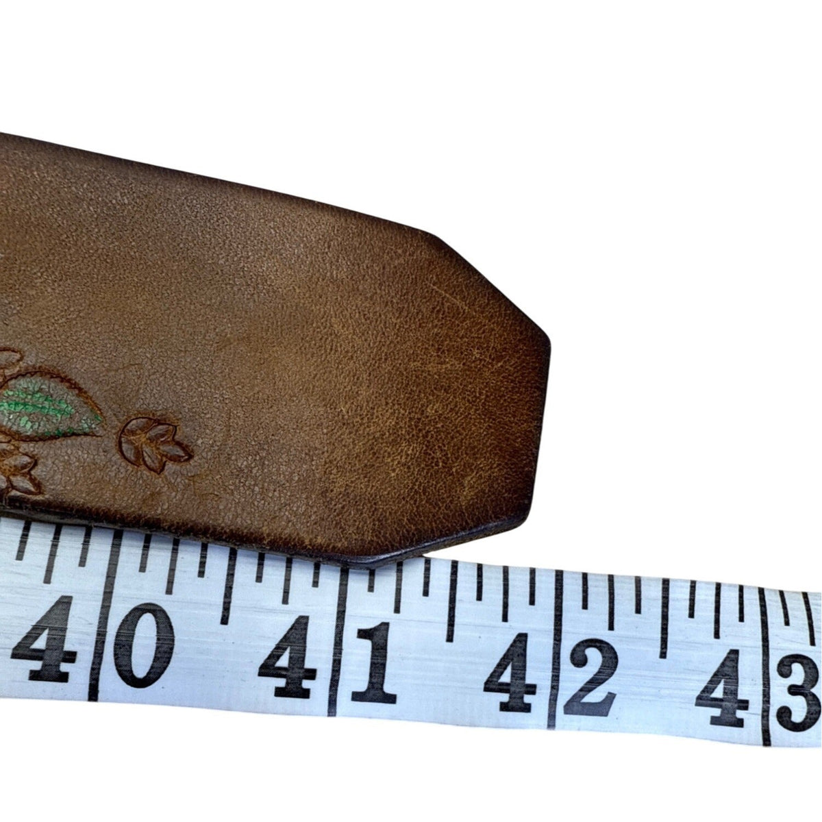 Vintage Embossed Brown Leather Belt With Wagon Wheel Metal Buckle Floral Design