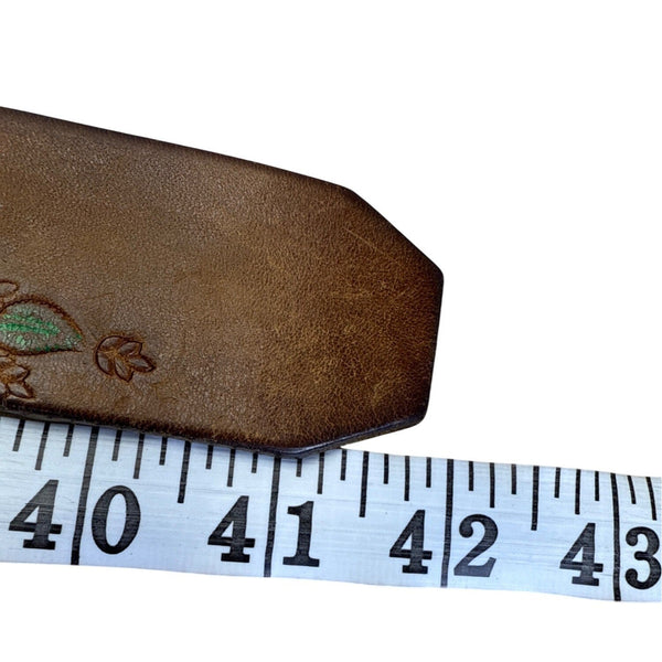 Vintage Embossed Brown Leather Belt With Wagon Wheel Metal Buckle Floral Design