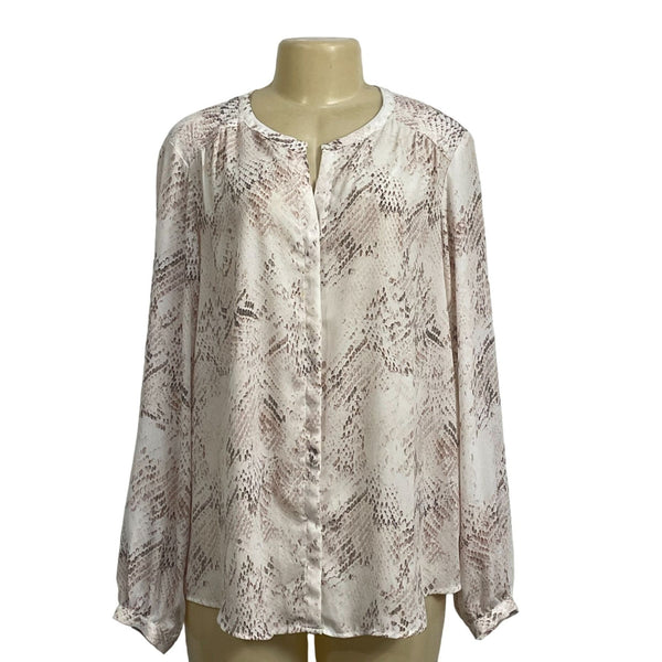 Cynthia Rowley Womens Snake Print Blouse XL Long Sleeve Button-Down Polyester Beige & Brown New