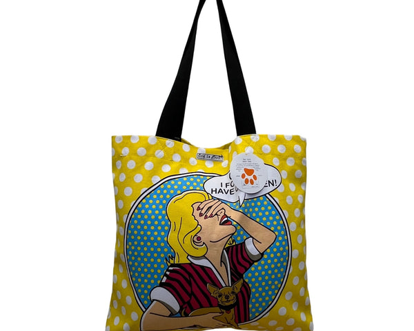 Dog Is Good Women’s Yellow White Polka Dot Canvas "OMG" Graphic Print Tote Bag