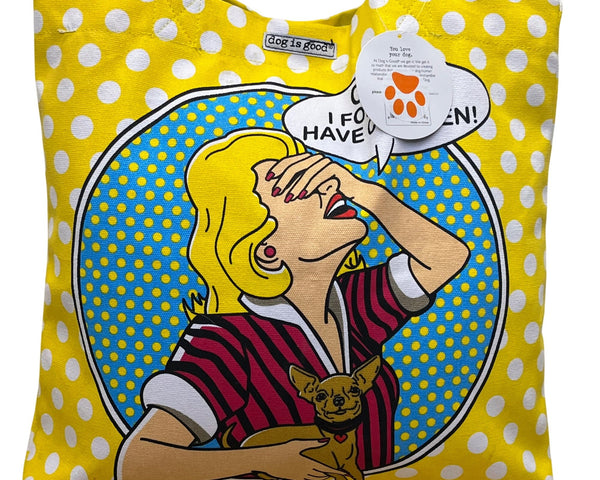 Dog Is Good Women’s Yellow White Polka Dot Canvas "OMG" Graphic Print Tote Bag