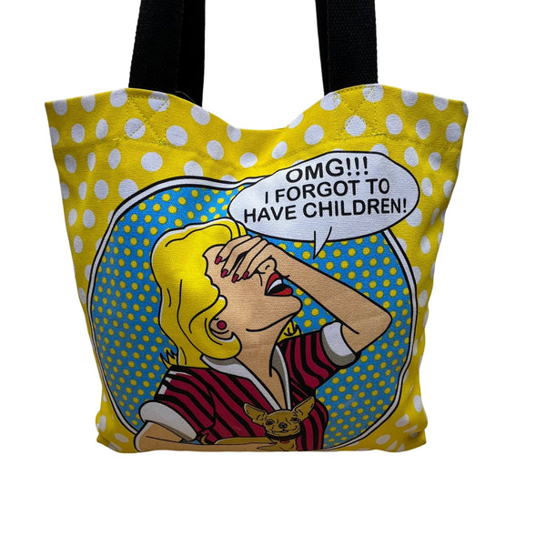 Dog Is Good Women’s Yellow White Polka Dot Canvas "OMG" Graphic Print Tote Bag