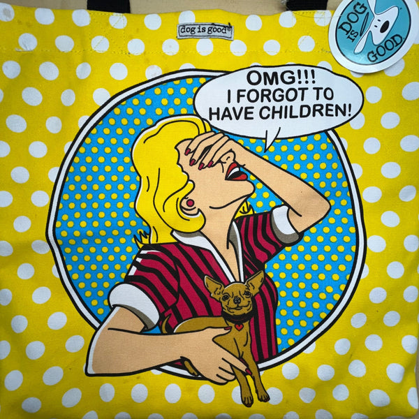Dog Is Good Women’s Yellow White Polka Dot Canvas "OMG" Graphic Print Tote Bag