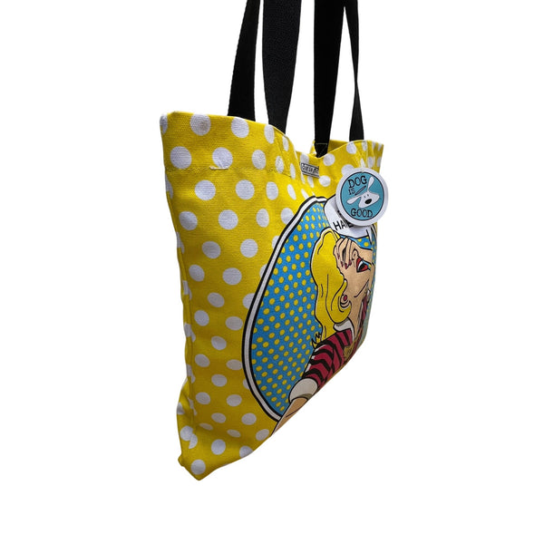 Dog Is Good Women’s Yellow White Polka Dot Canvas "OMG" Graphic Print Tote Bag