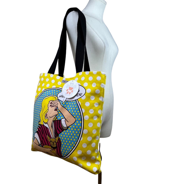 Dog Is Good Women’s Yellow White Polka Dot Canvas "OMG" Graphic Print Tote Bag