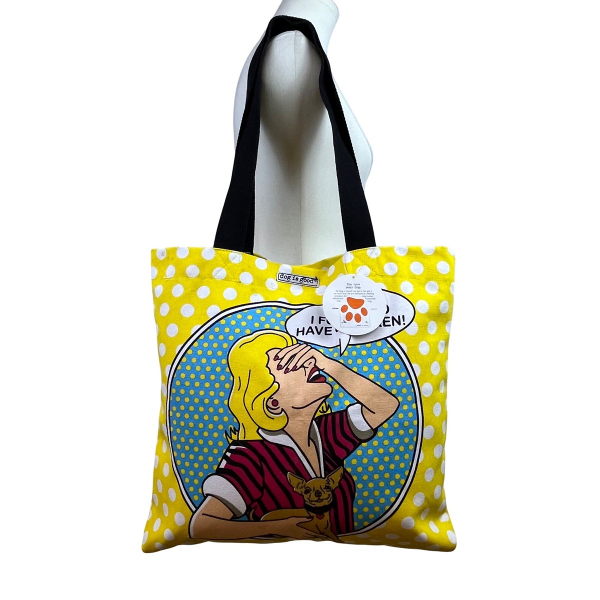 Dog Is Good Women’s Yellow White Polka Dot Canvas "OMG" Graphic Print Tote Bag