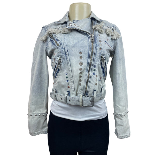 Womens Distressed Denim Jacket With Embellishments & Fringe Details New