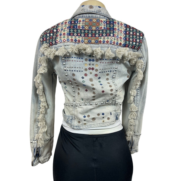 Womens Distressed Denim Jacket With Embellishments & Fringe Details New