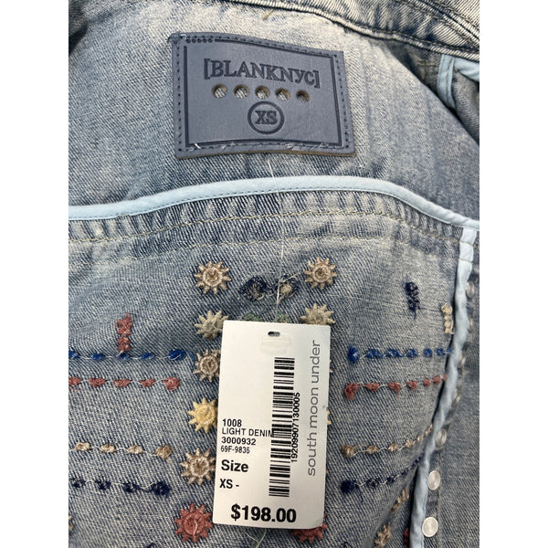 Womens Distressed Denim Jacket With Embellishments & Fringe Details New