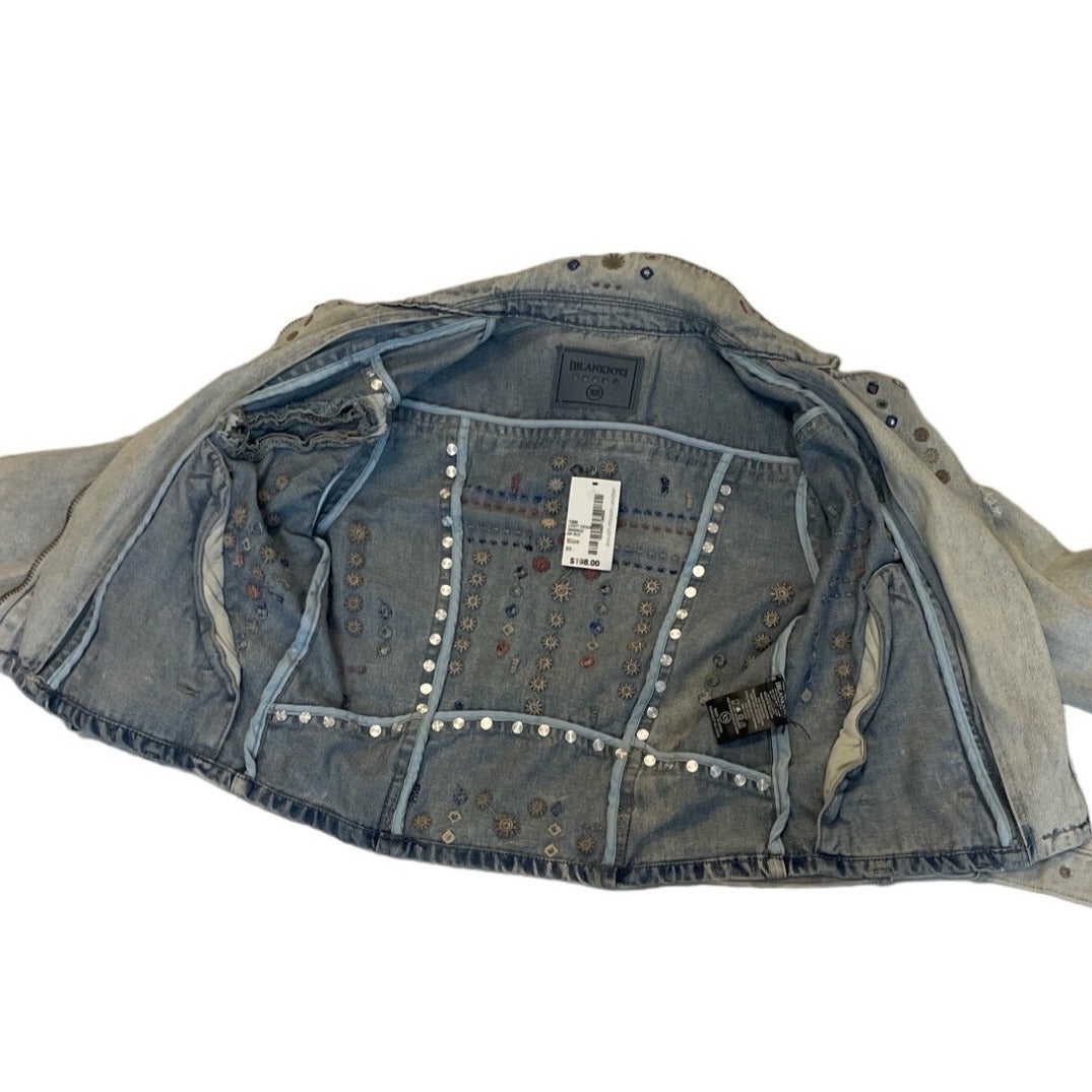 Womens Distressed Denim Jacket With Embellishments & Fringe Details New