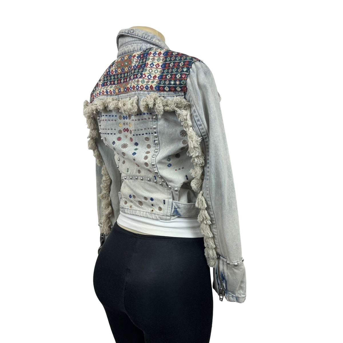 Womens Distressed Denim Jacket With Embellishments & Fringe Details New