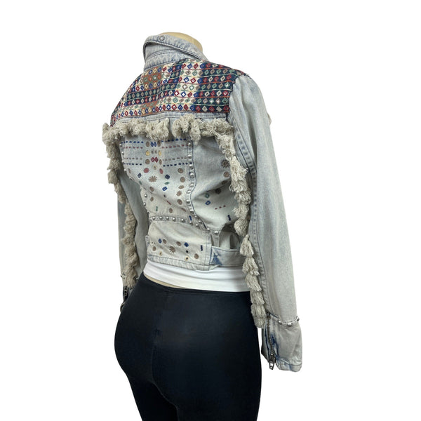 Womens Distressed Denim Jacket With Embellishments & Fringe Details New