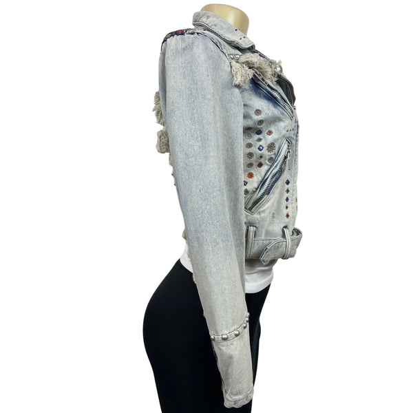 Womens Distressed Denim Jacket With Embellishments & Fringe Details New