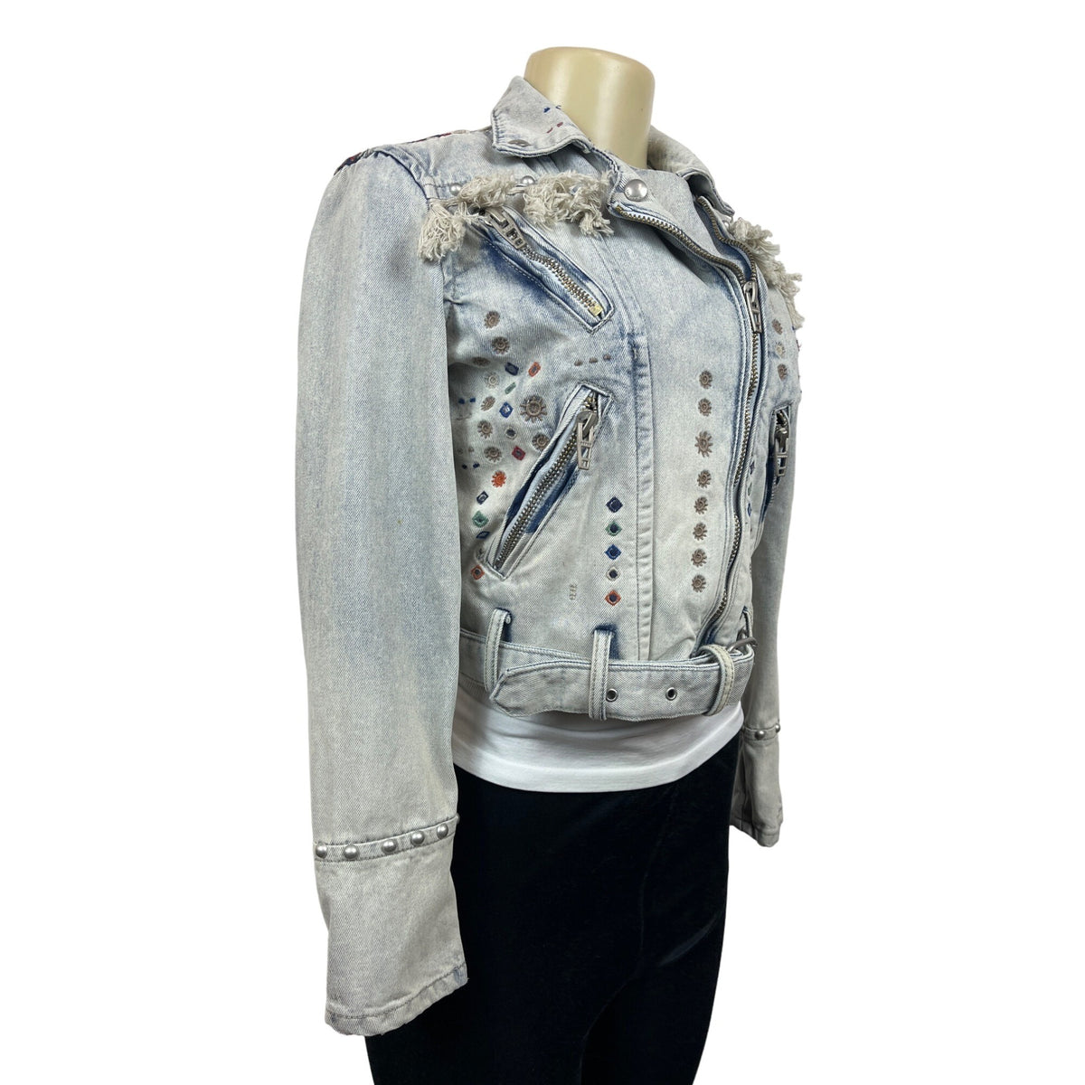 Womens Distressed Denim Jacket With Embellishments & Fringe Details New