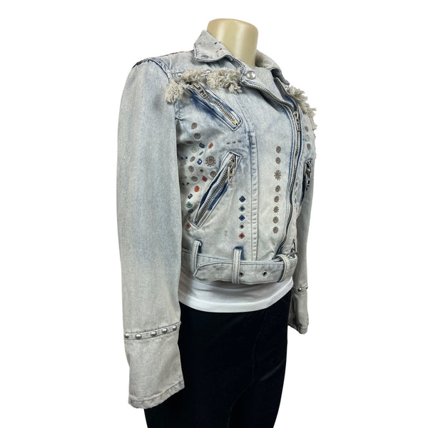 Womens Distressed Denim Jacket With Embellishments & Fringe Details New