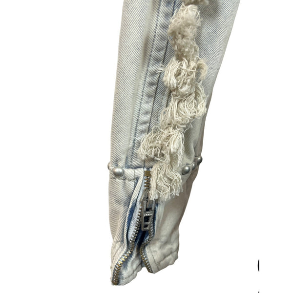 Womens Distressed Denim Jacket With Embellishments & Fringe Details New