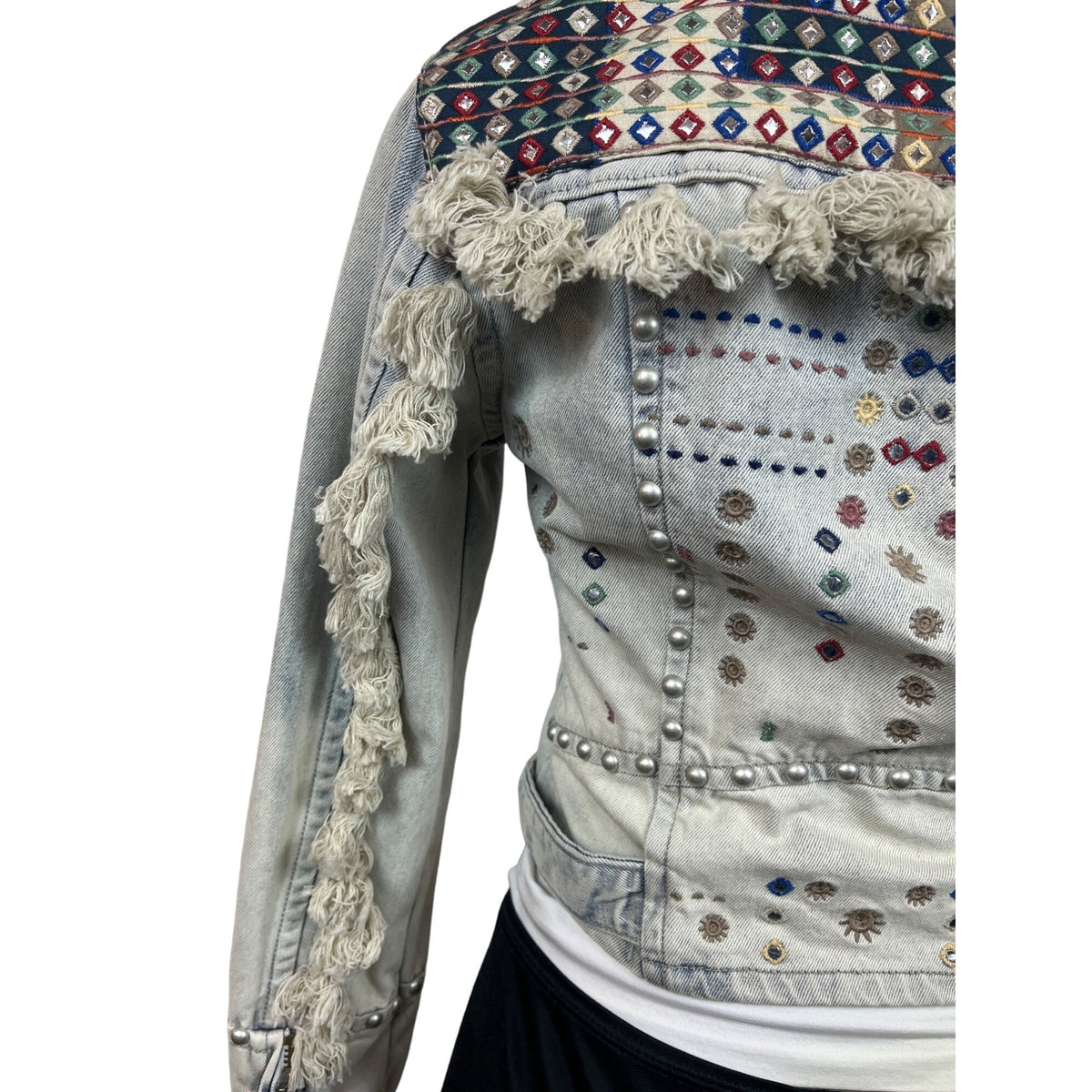 Womens Distressed Denim Jacket With Embellishments & Fringe Details New