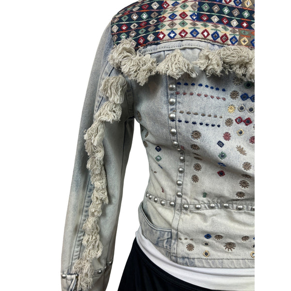 Womens Distressed Denim Jacket With Embellishments & Fringe Details New