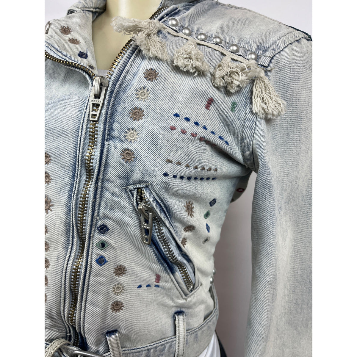 Womens Distressed Denim Jacket With Embellishments & Fringe Details New