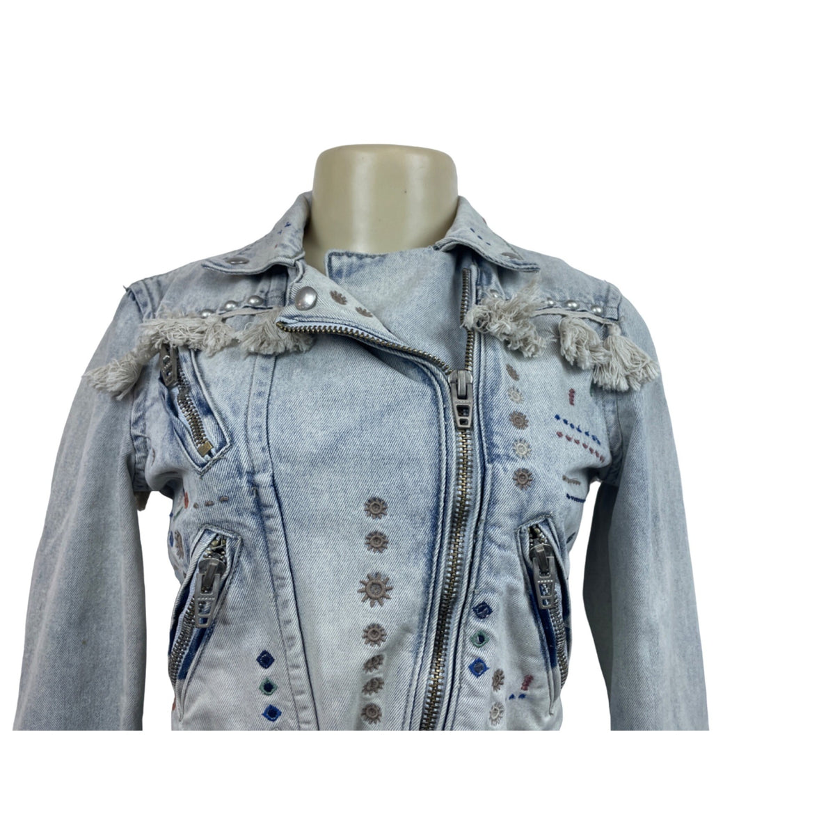 Womens Distressed Denim Jacket With Embellishments & Fringe Details New