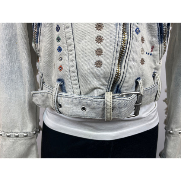 Womens Distressed Denim Jacket With Embellishments & Fringe Details New
