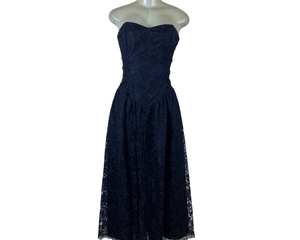 VintageStrapless Black Lace Womens Midi Dress Elegant Evening Formal Wear