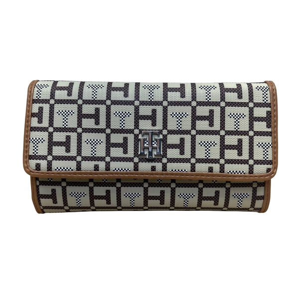 Tommy Hilfiger Womens Brown Beige Signature Canvas Snap Closure Clutch Wallet