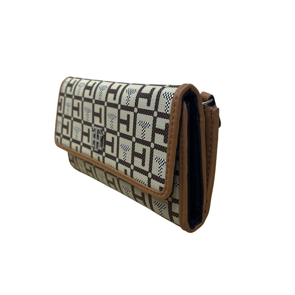 Tommy Hilfiger Womens Brown Beige Signature Canvas Snap Closure Clutch Wallet