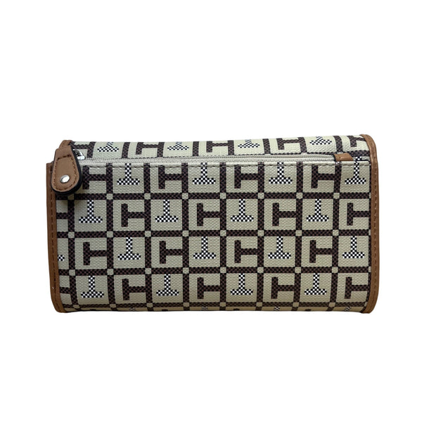 Tommy Hilfiger Womens Brown Beige Signature Canvas Snap Closure Clutch Wallet