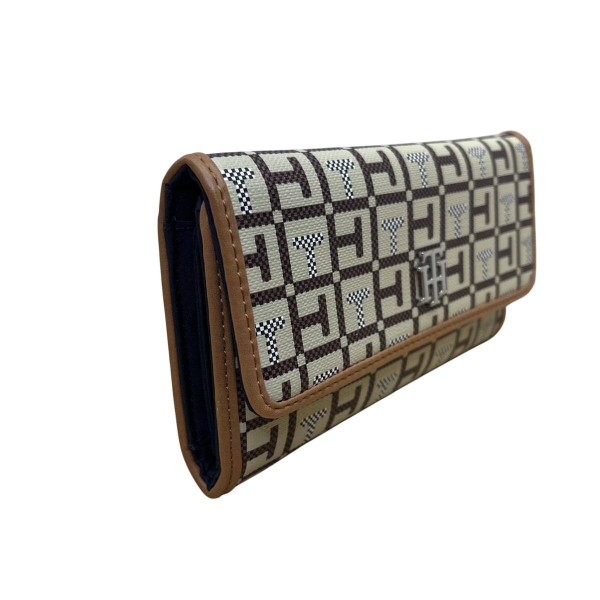 Tommy Hilfiger Womens Brown Beige Signature Canvas Snap Closure Clutch Wallet