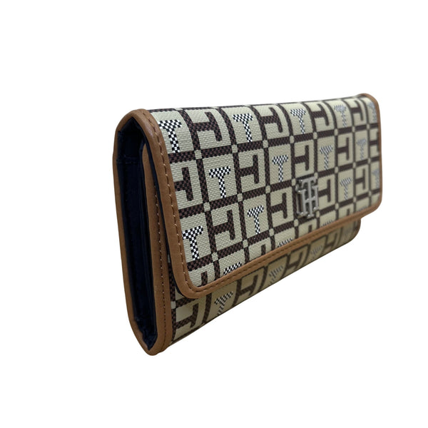 Tommy Hilfiger Womens Brown Beige Signature Canvas Snap Closure Clutch Wallet