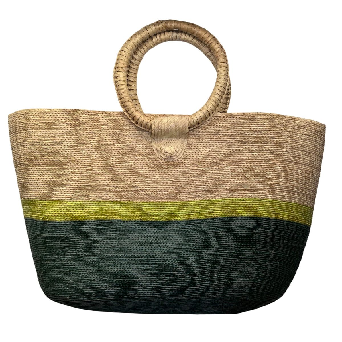 Handmade Woven Straw Women’s Natural & Green/Yellow Colorblock Tote Bag