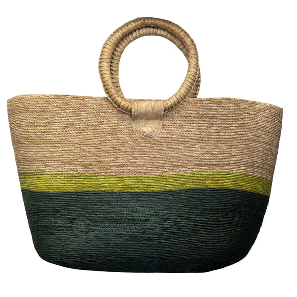 Handmade Woven Straw Women’s Natural & Green/Yellow Colorblock Tote Bag