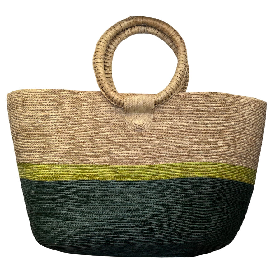 Handmade Woven Straw Women’s Natural & Green/Yellow Colorblock Tote Bag