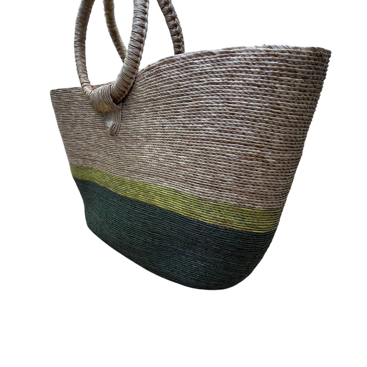 Handmade Woven Straw Women’s Natural & Green/Yellow Colorblock Tote Bag