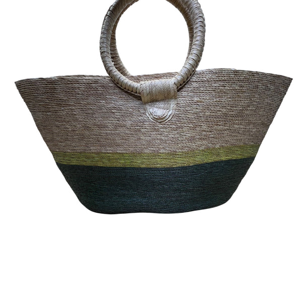 Handmade Woven Straw Women’s Natural & Green/Yellow Colorblock Tote Bag