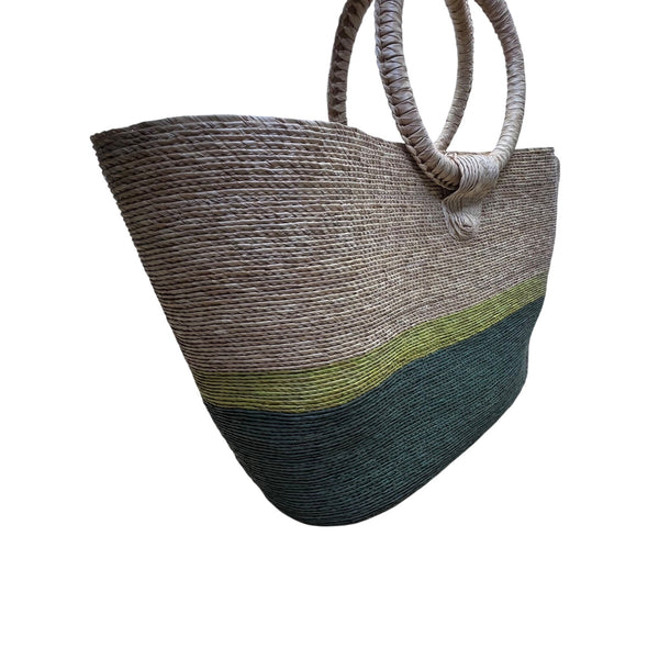 Handmade Woven Straw Women’s Natural & Green/Yellow Colorblock Tote Bag