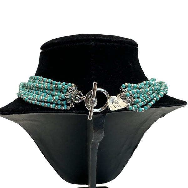 Vtg Multi-Strand Mint Green and Silver Tone Lucite / Metal Beads Necklace - 19in