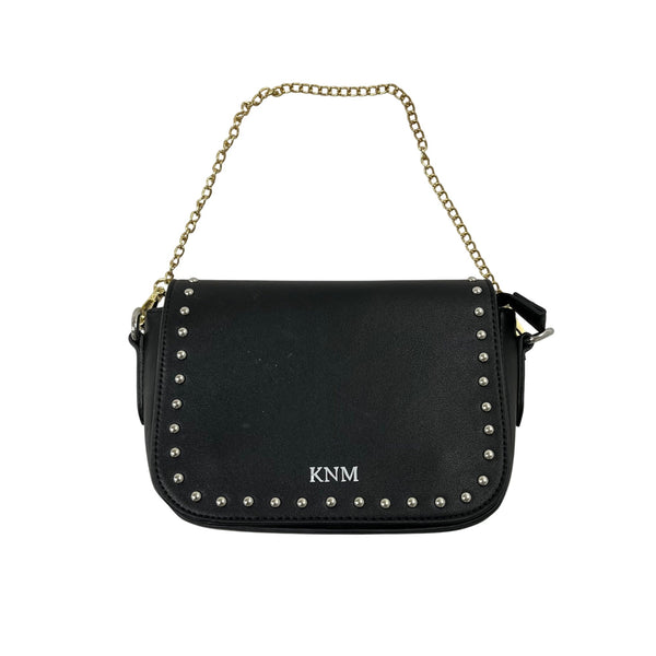 KNM Womens Black Faux Leather Studded Chain Shoulder Bag Small