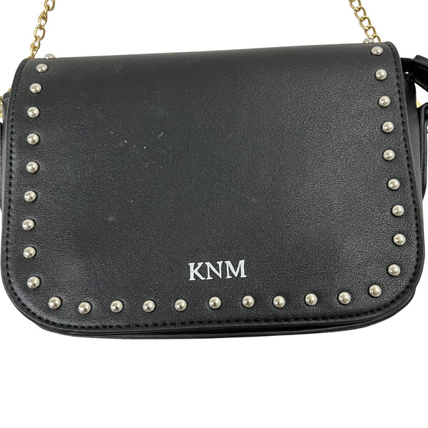 KNM Womens Black Faux Leather Studded Chain Shoulder Bag Small