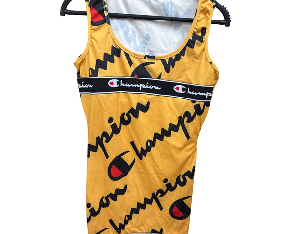 Champion Womens Yellow Sleeveless Logo Tank Dress All-Over Print Polyester Blend OS