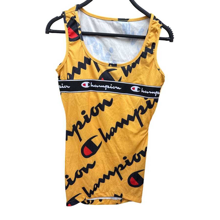 Champion Womens Yellow Sleeveless Logo Tank Dress All-Over Print Polyester Blend OS