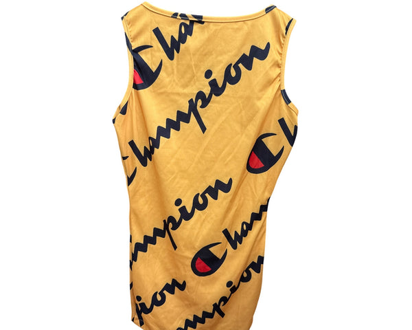 Champion Womens Yellow Sleeveless Logo Tank Dress All-Over Print Polyester Blend OS