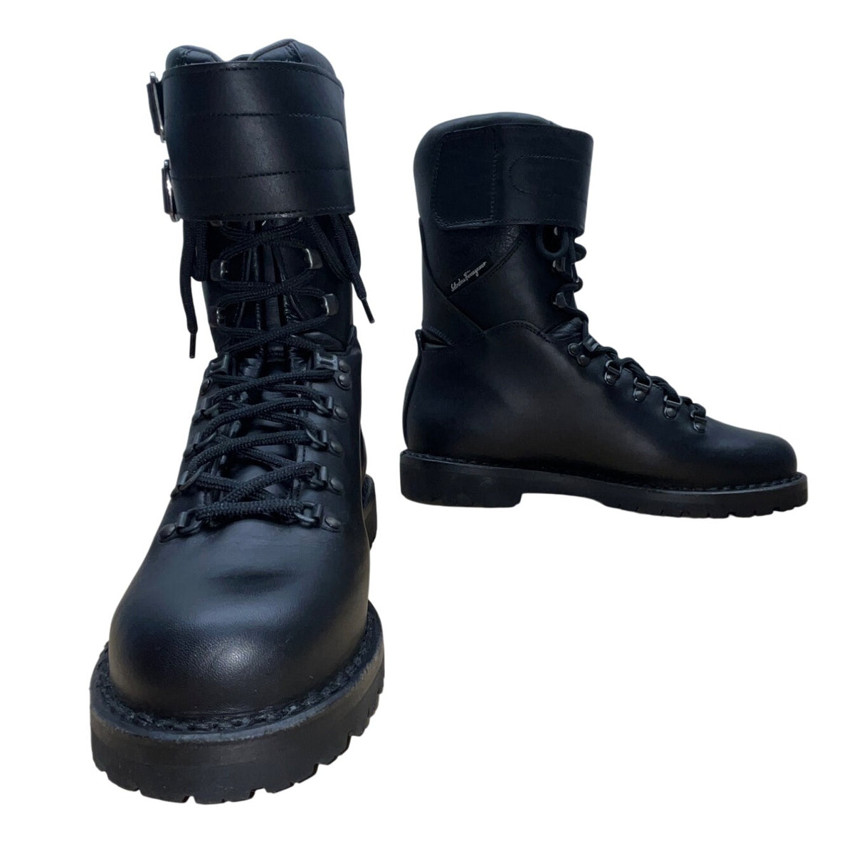 Salvatore Ferragamo Black Leather Double Straps Antartic Combat Boots Sz 8.5-New