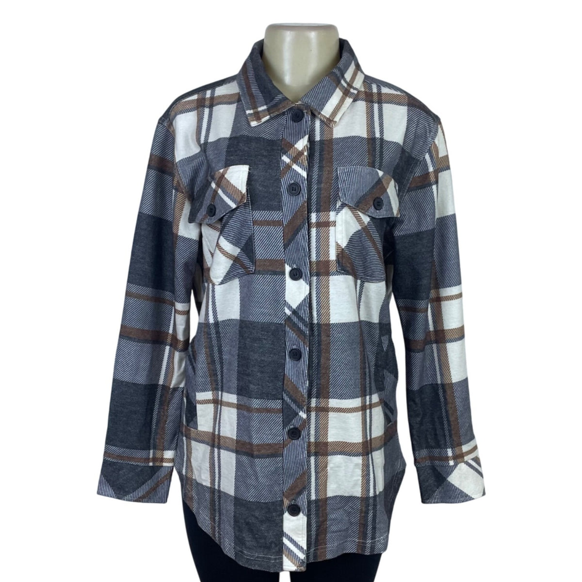 Thread & Supply Women's Brown/Gray Plaid Button Up Long Sleeve Flannel Shirt Size S