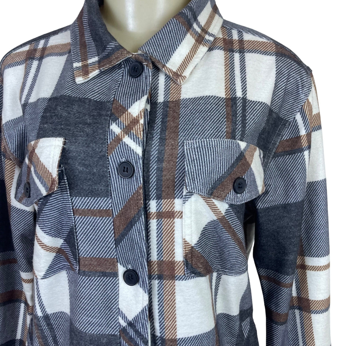 Thread & Supply Women's Brown/Gray Plaid Button Up Long Sleeve Flannel Shirt Size S